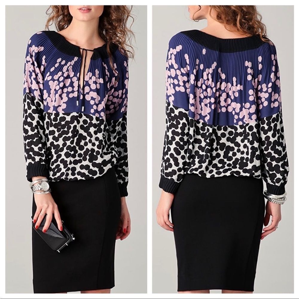 DIANE VON FURSTENBERG | Mikino Colorblock Pleated Dot Print Top Women’s Size 14